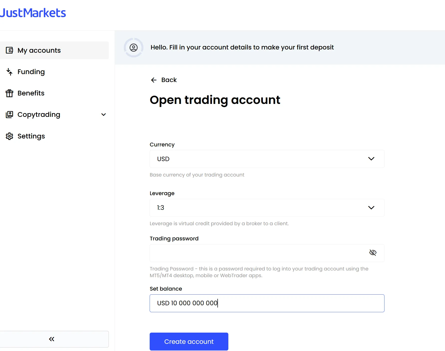 How to open a demo account with JustMarkets?