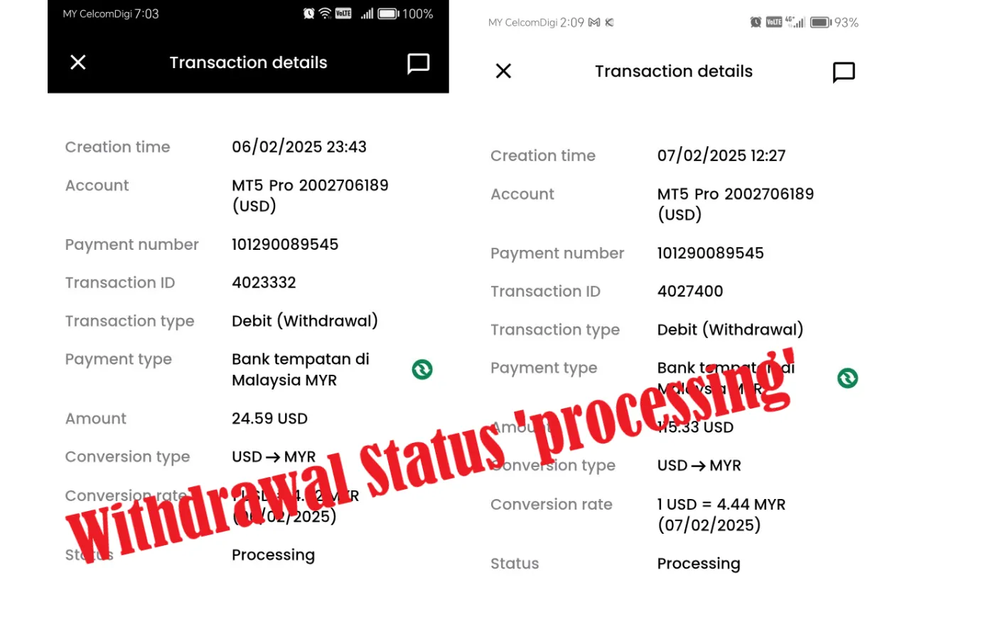  Withdrawal Status 'processing'