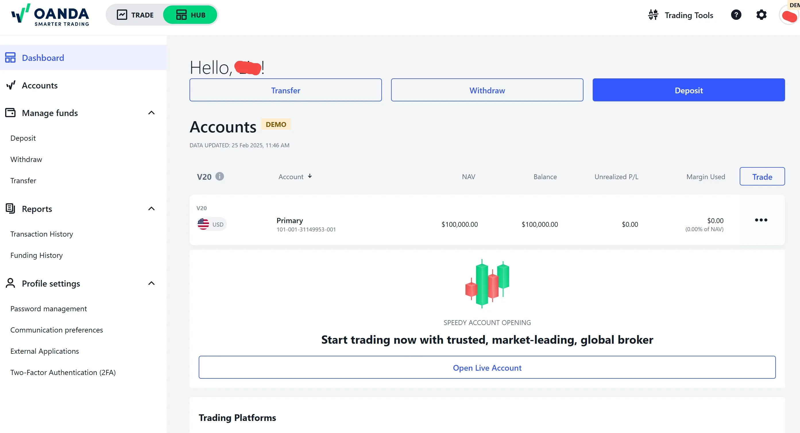 Demo account interface Demo account interface