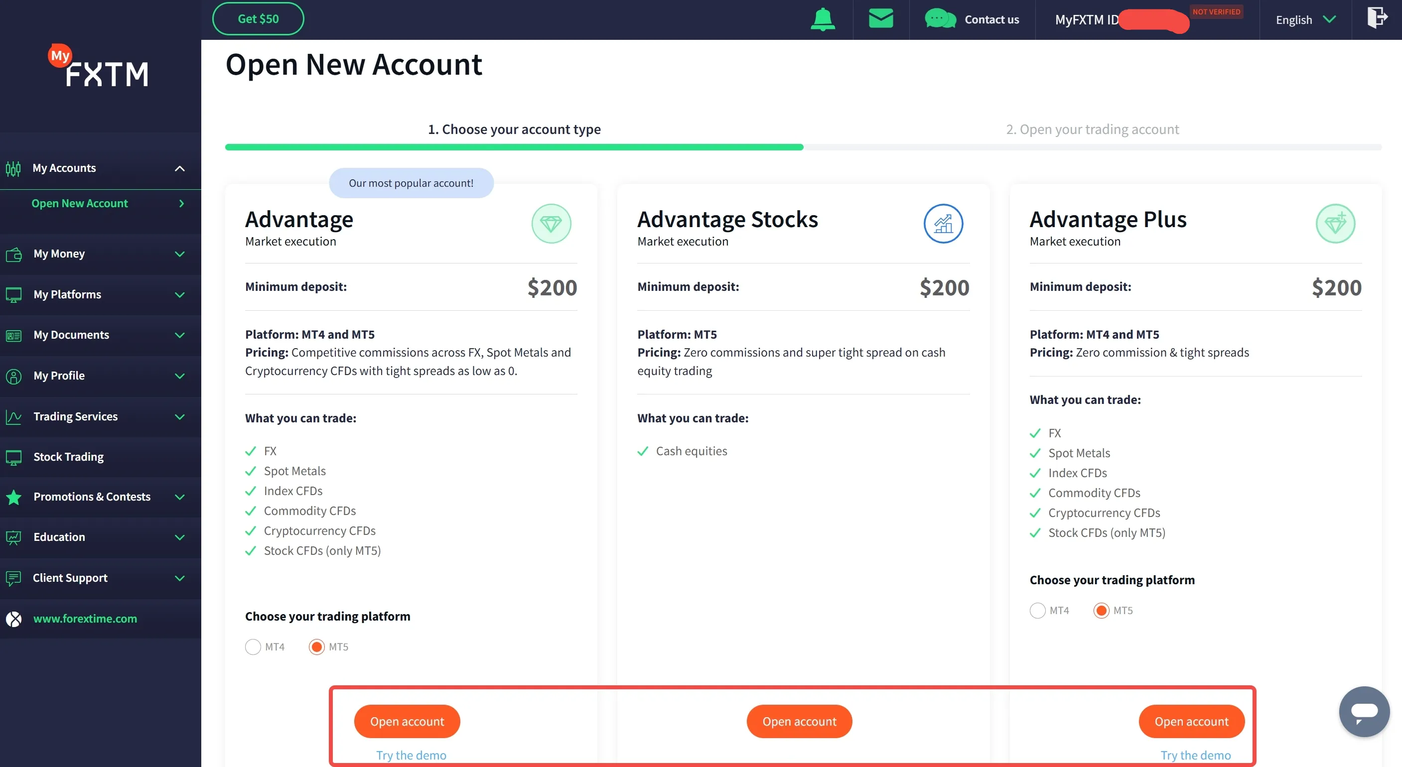 Choose account type