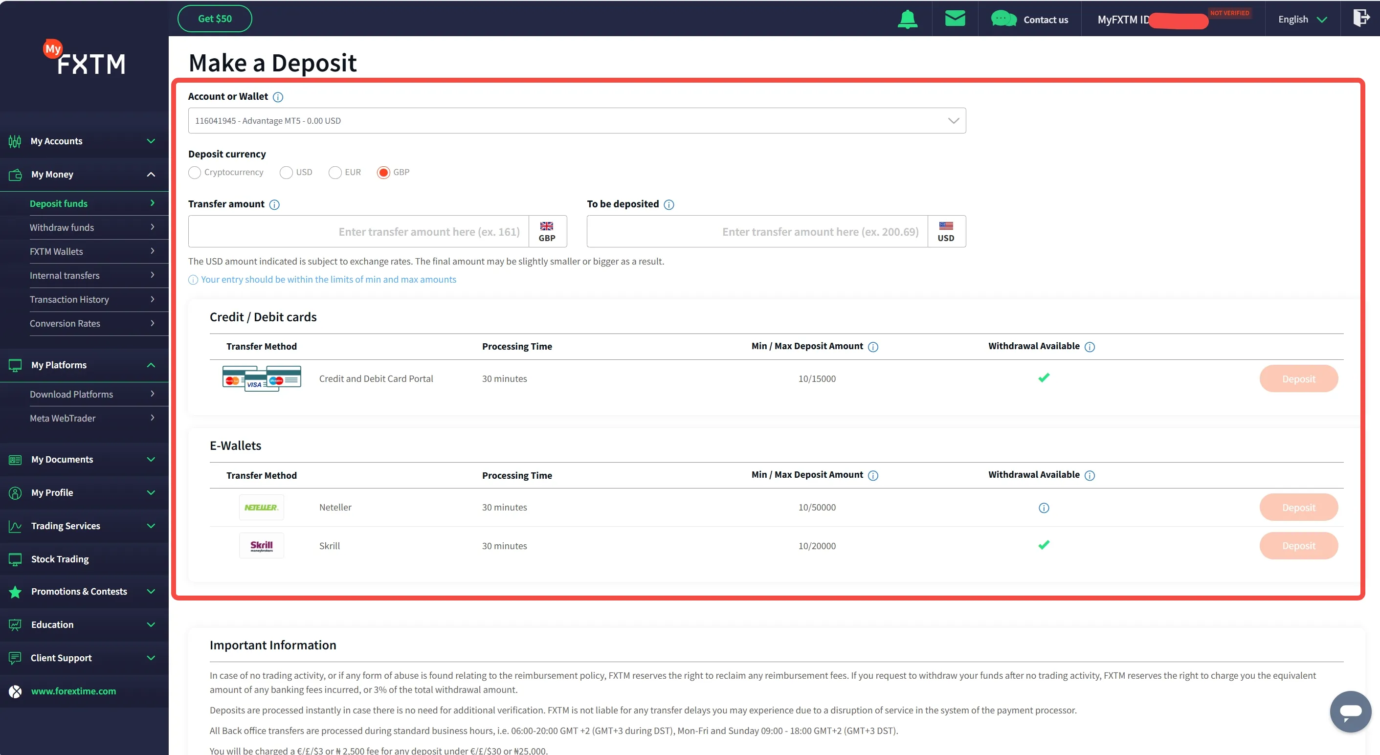 Deposit money into FXTM