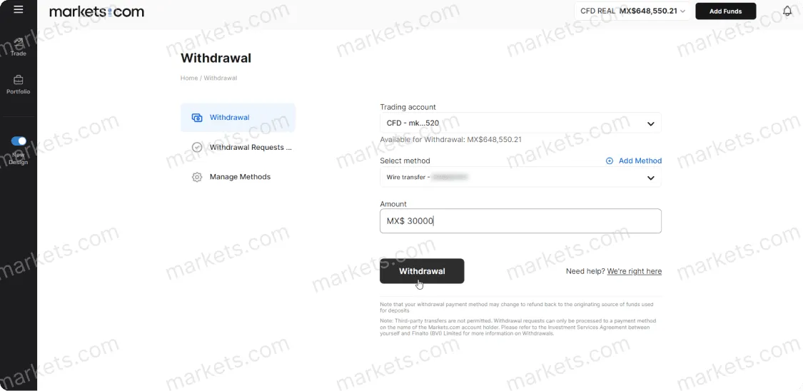Select a withdrawal method Select a withdrawal method