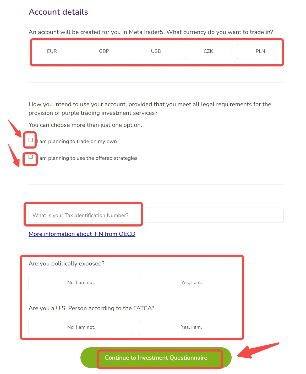 Fill in account details