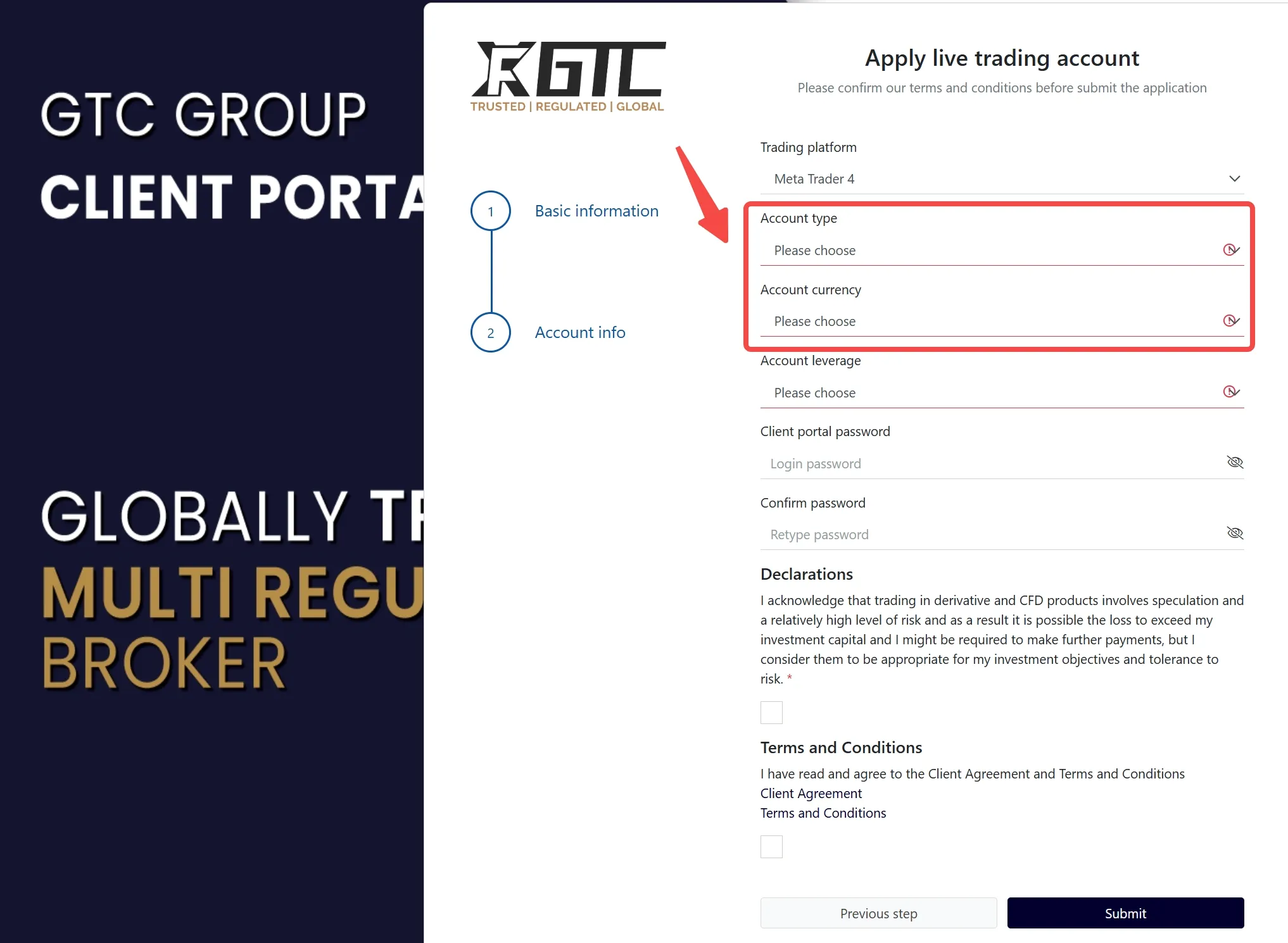 Choose account type and currency