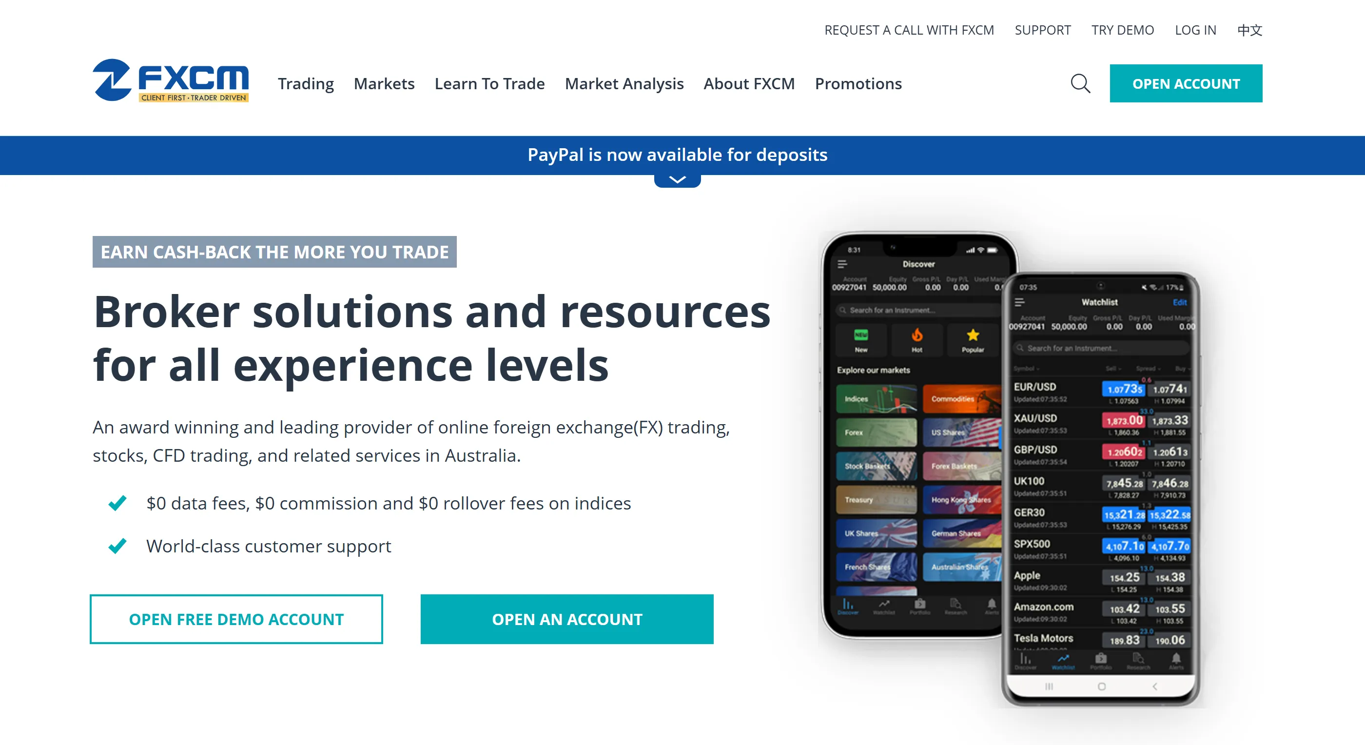 FXCM's homepage