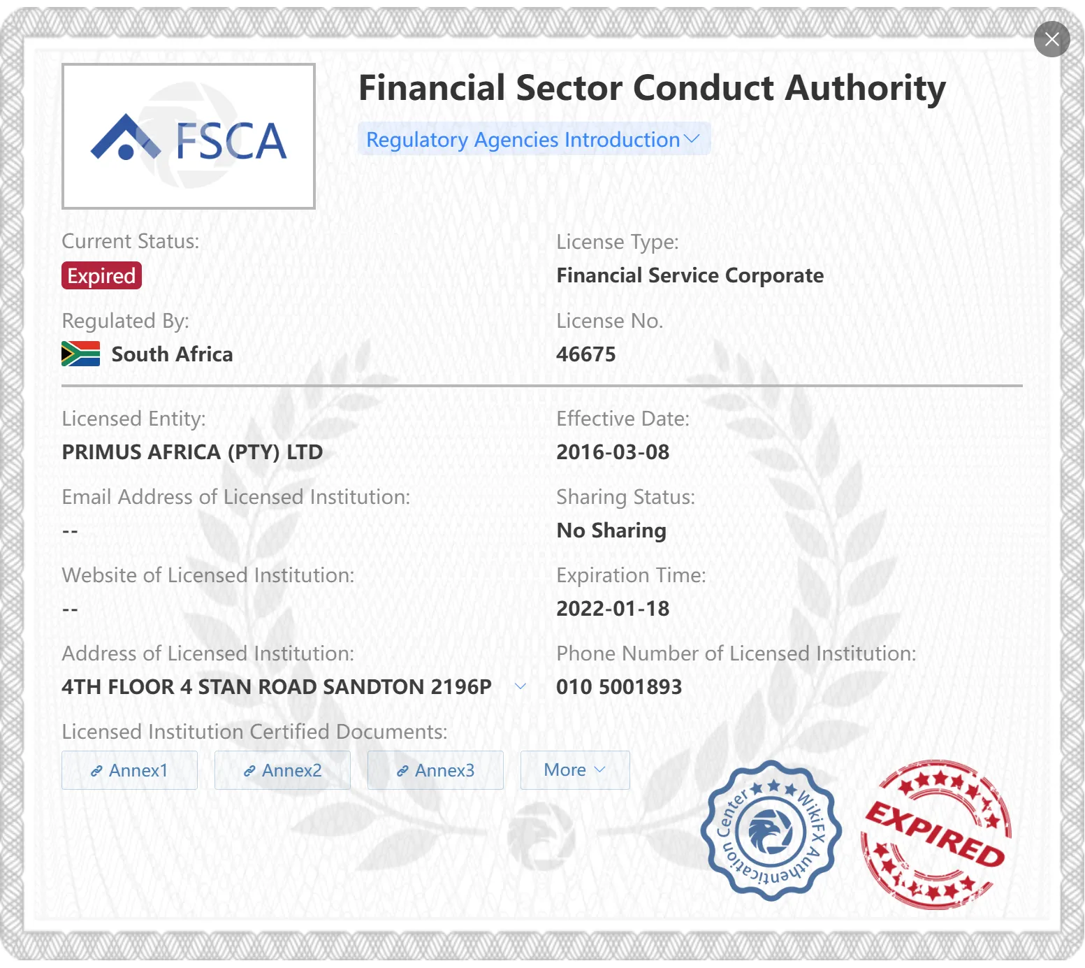 Expired FSCA license