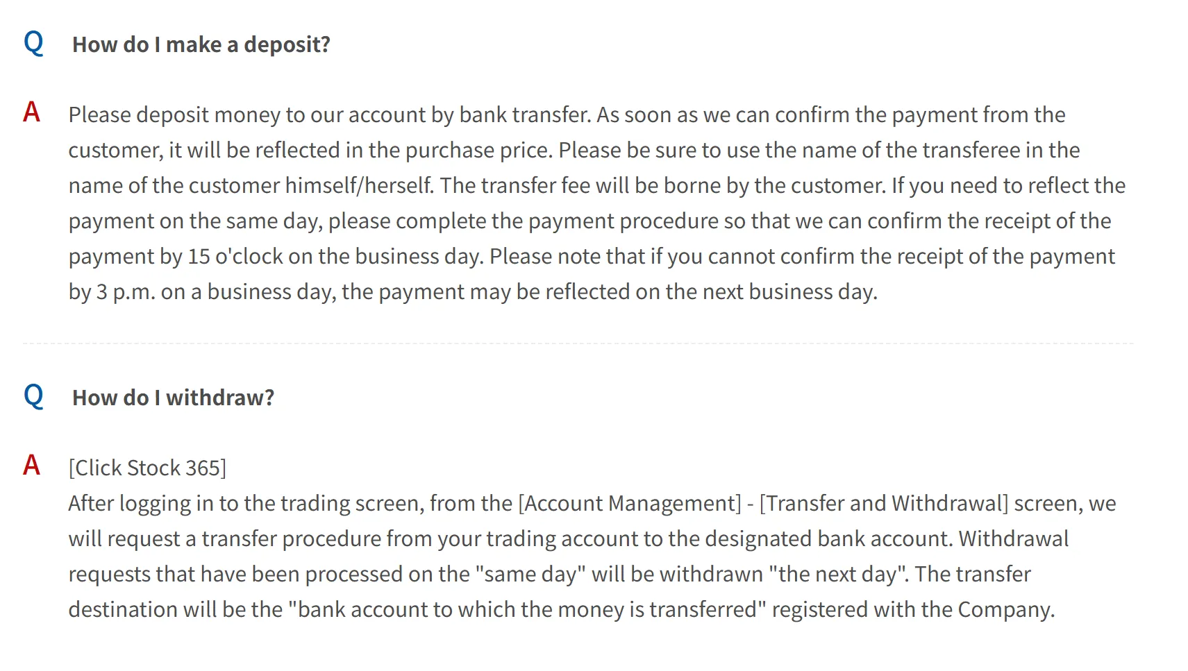 Deposit and Withdrawal