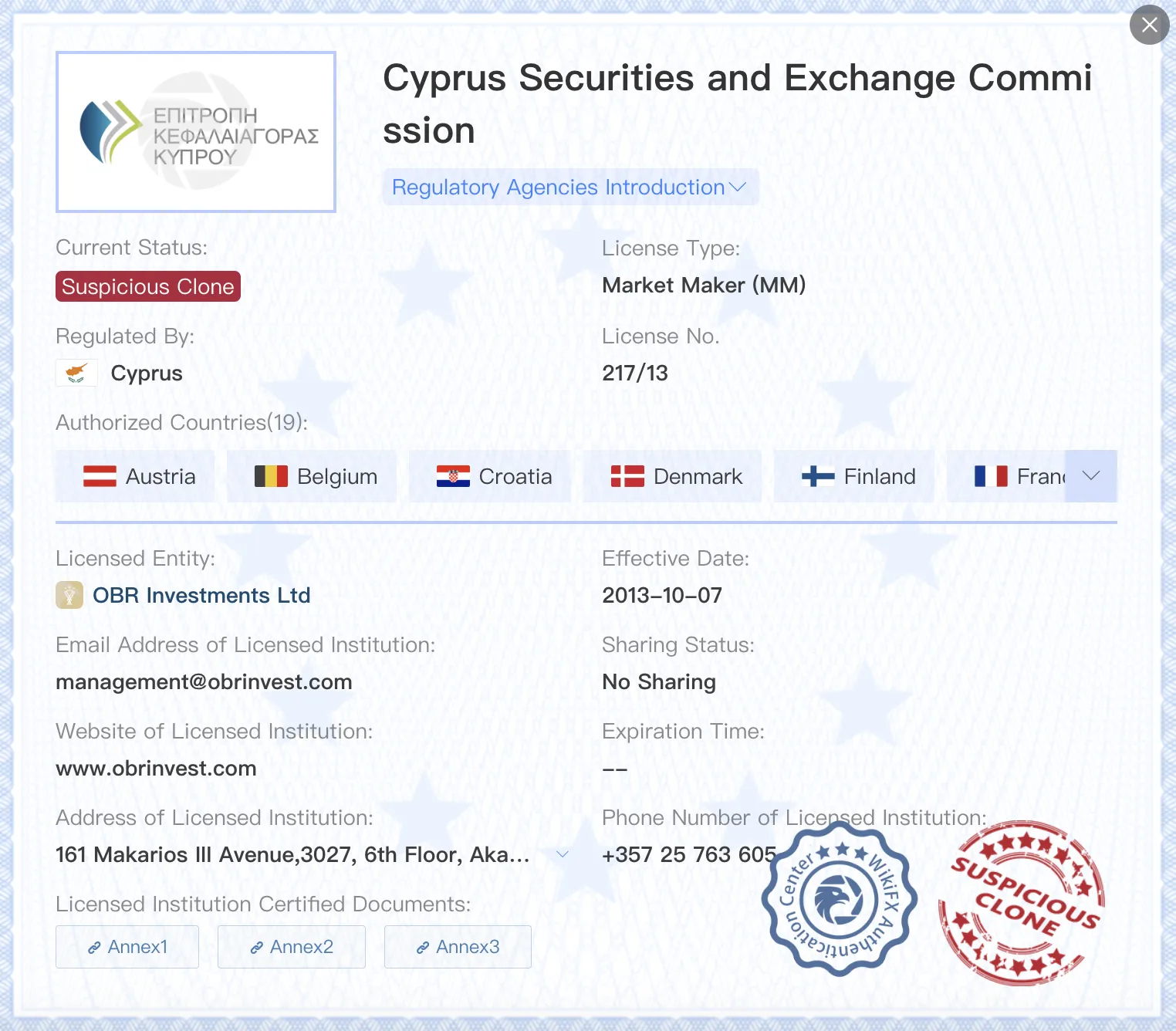 Suspicious clone CySEC license