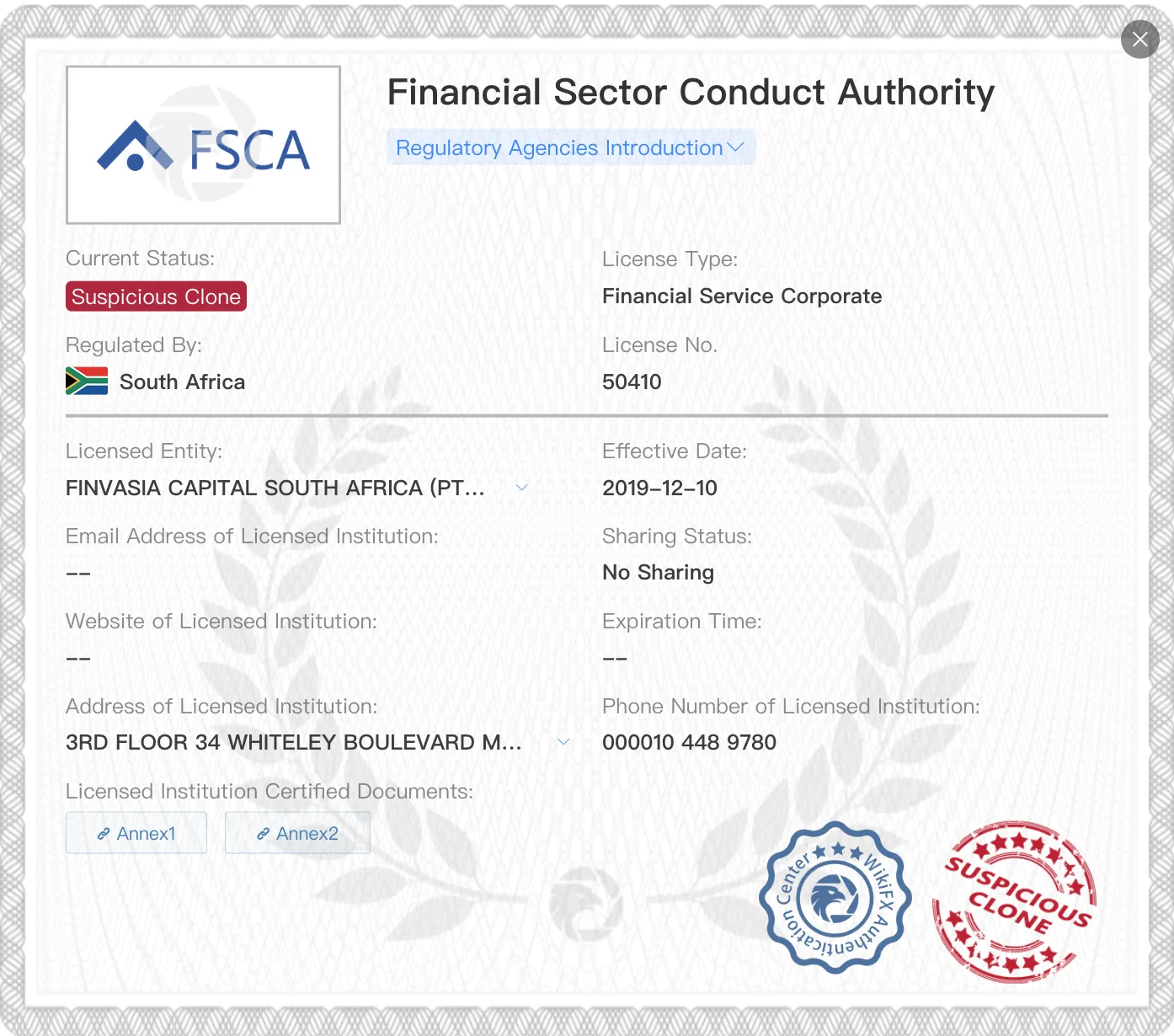 Suspicious clone FSCA license