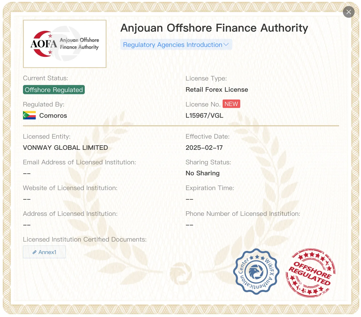 Offshore regulated by AOFA