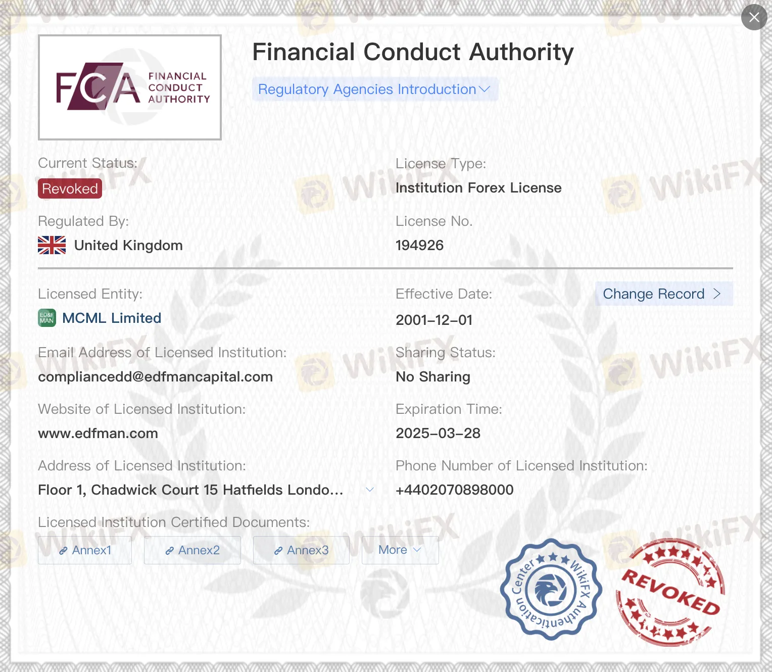 Revoked FCA license