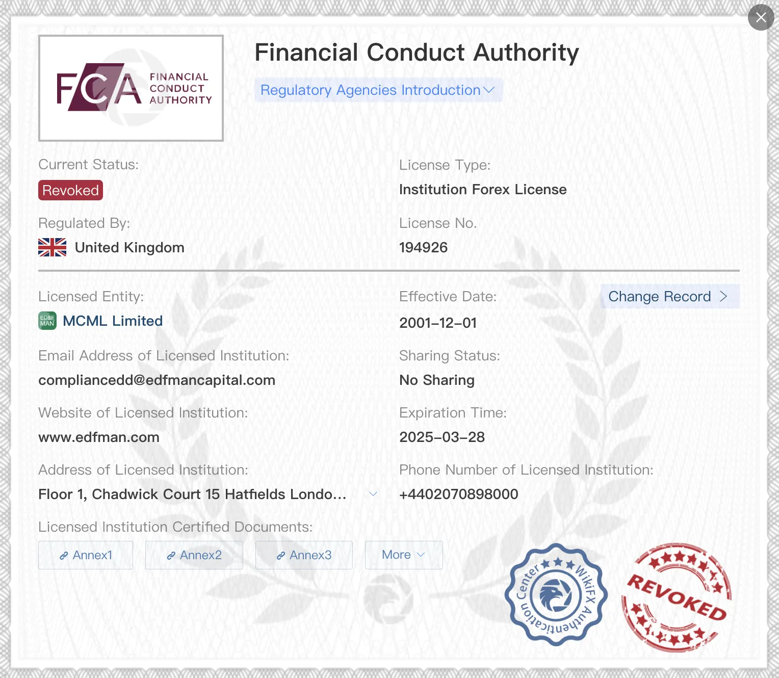 Revoked FCA license