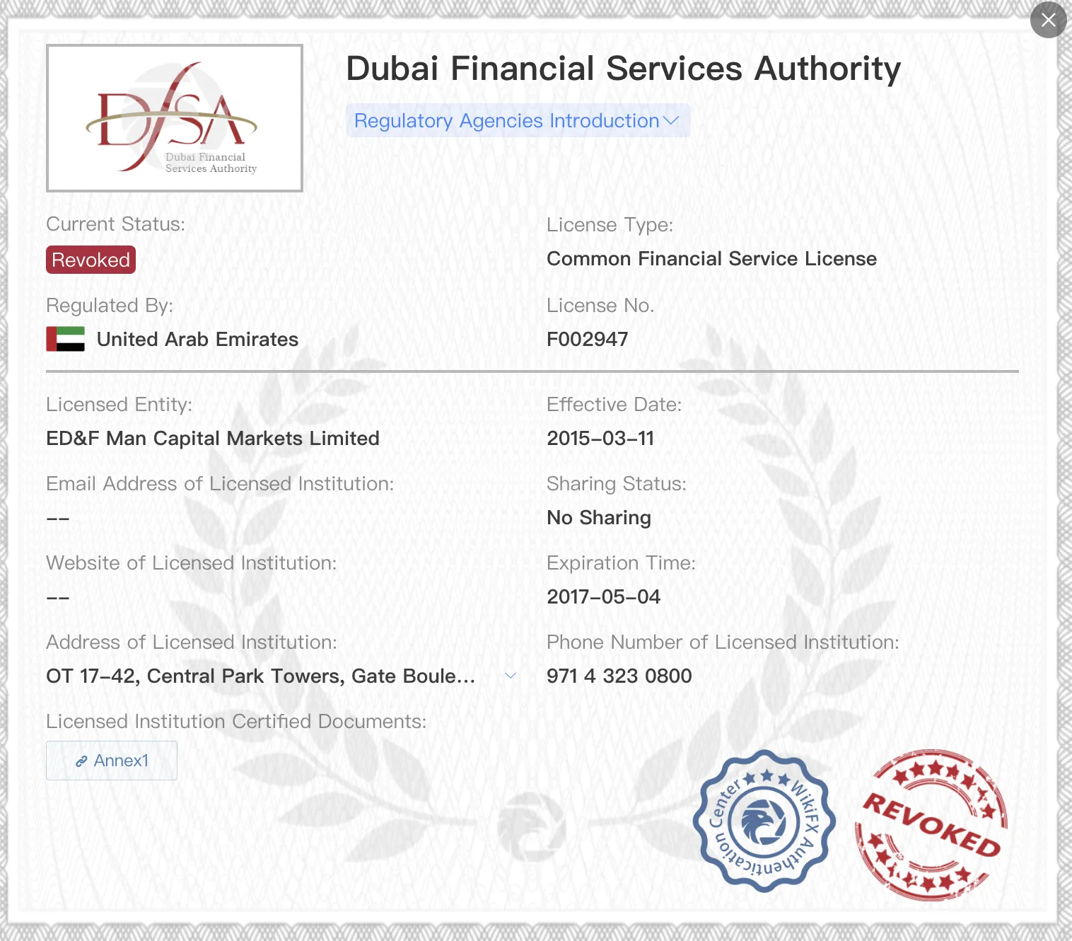 Revoked DFSA license