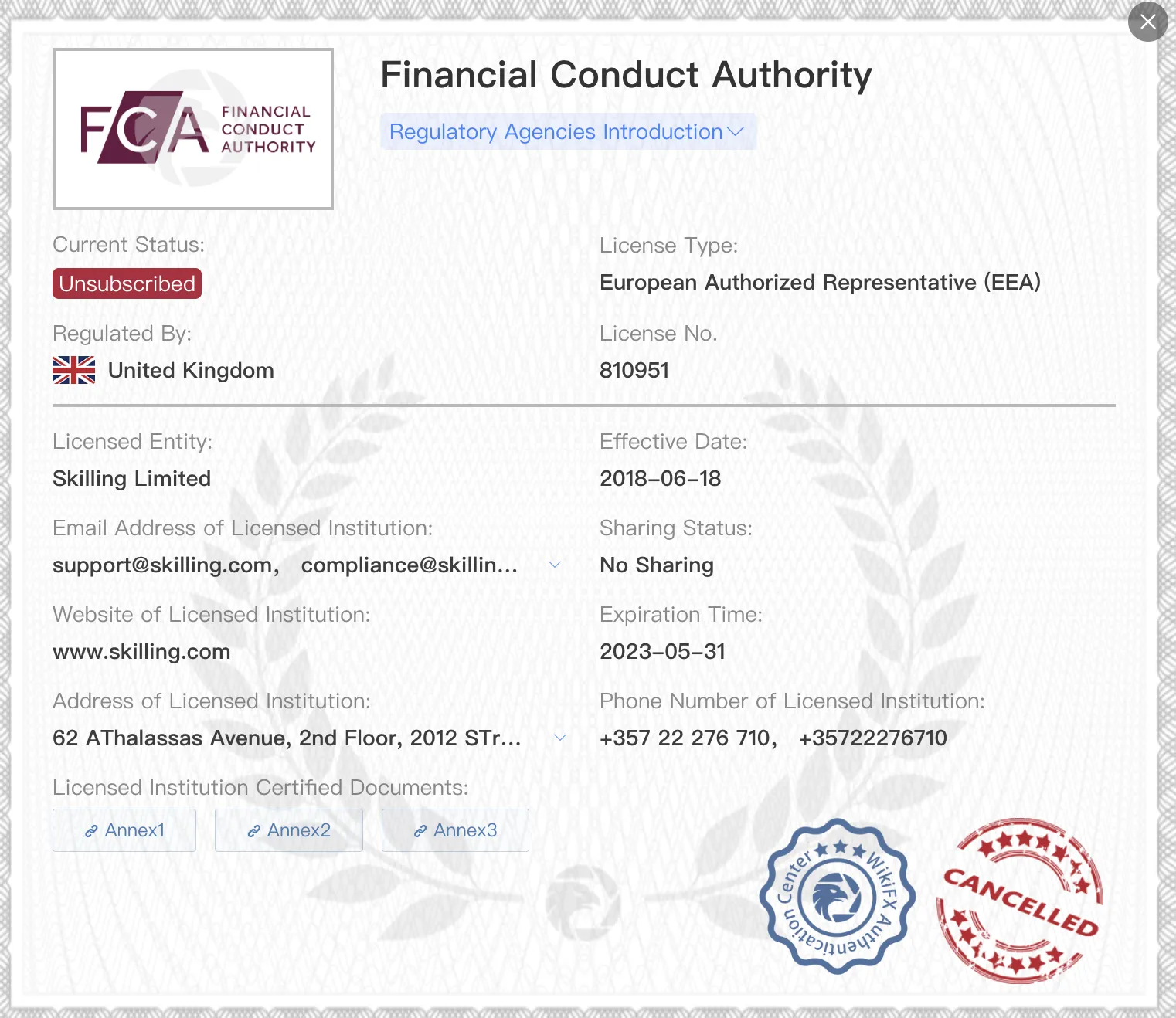 Unsubscribed FCA license Unsubscribed FCA license