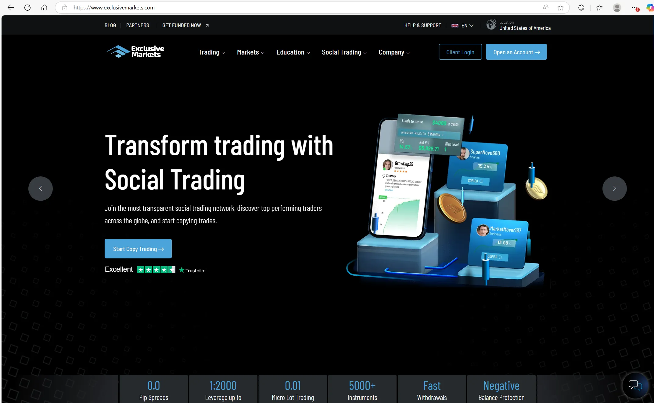 Exclusive Markets' homepage