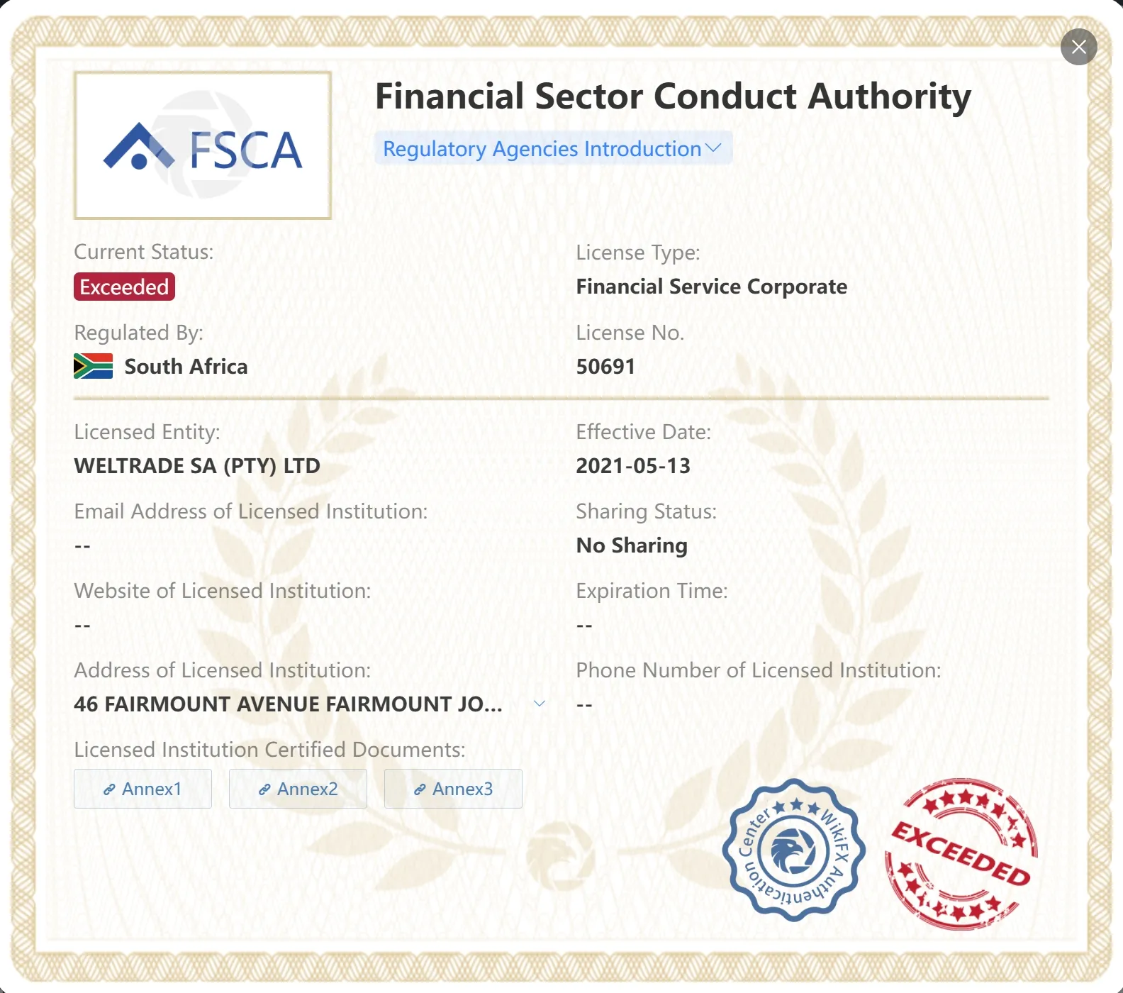 Exceeded FSCA license