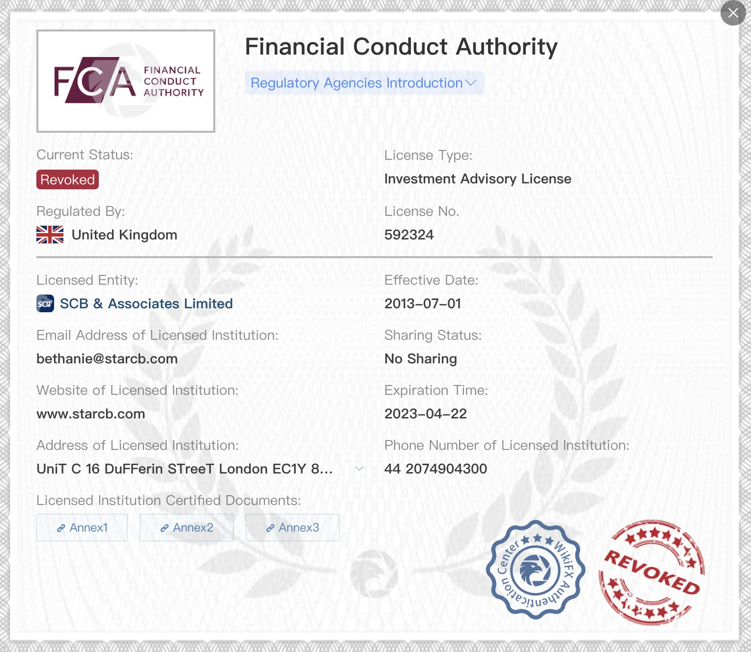 Revoked FCA license
