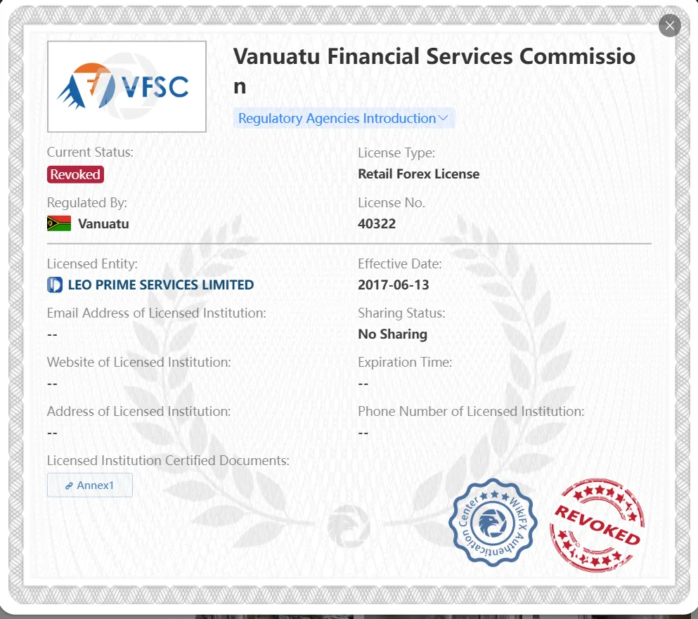 Revoked VFSC license