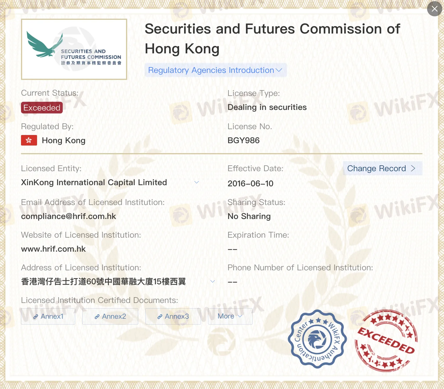 Exceeded SFC license