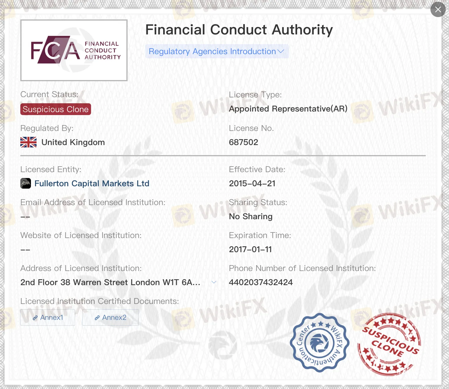 Suspicious clone FCA license