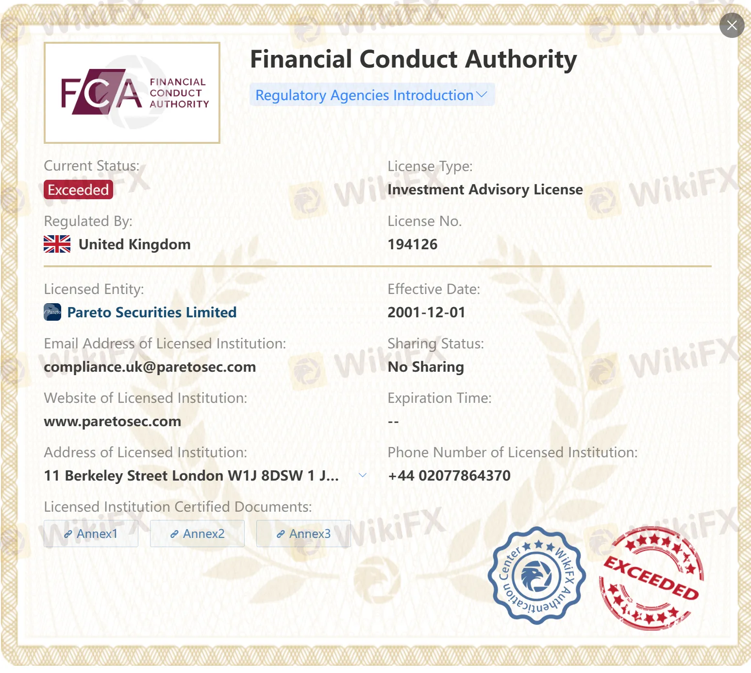 Exceeded FCA license