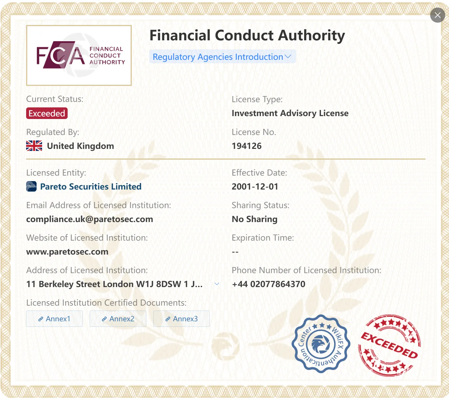 Exceeded FCA license