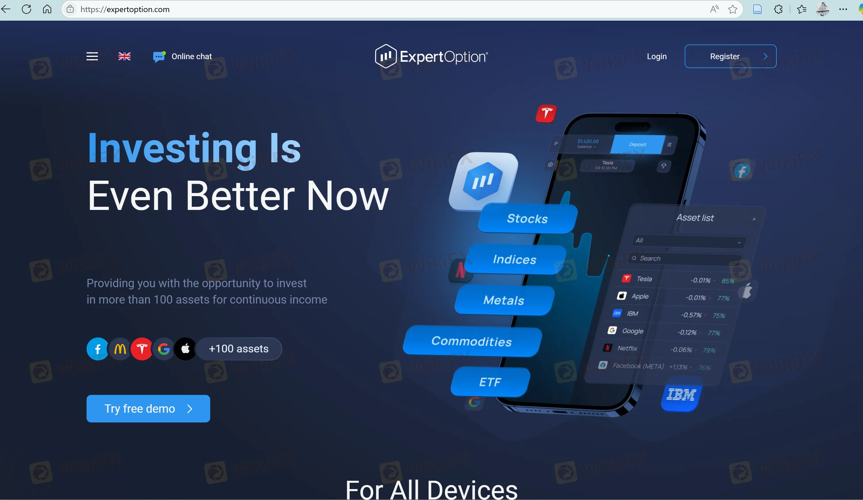 ExpertOption's homepage
