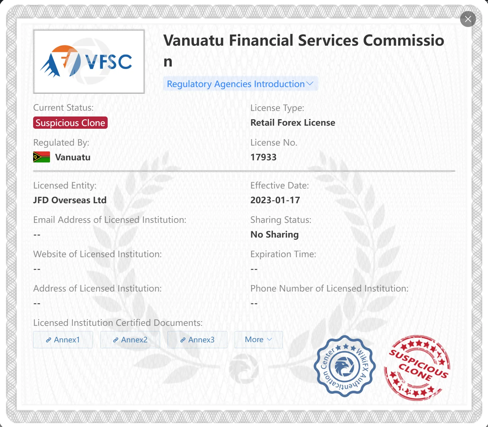 Suspicious clone VFSC license Suspicious clone VFSC license
