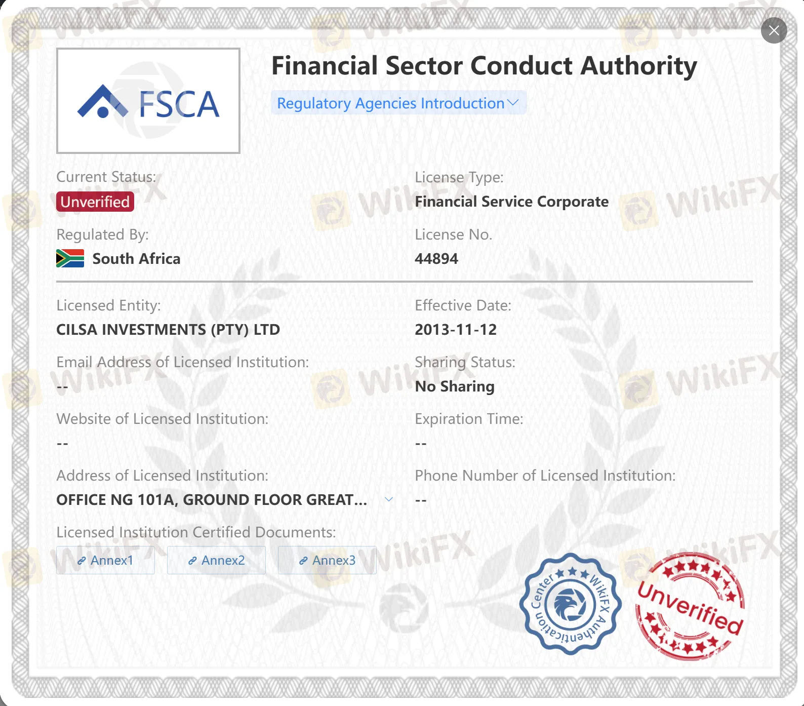 Unverified FSCA license
