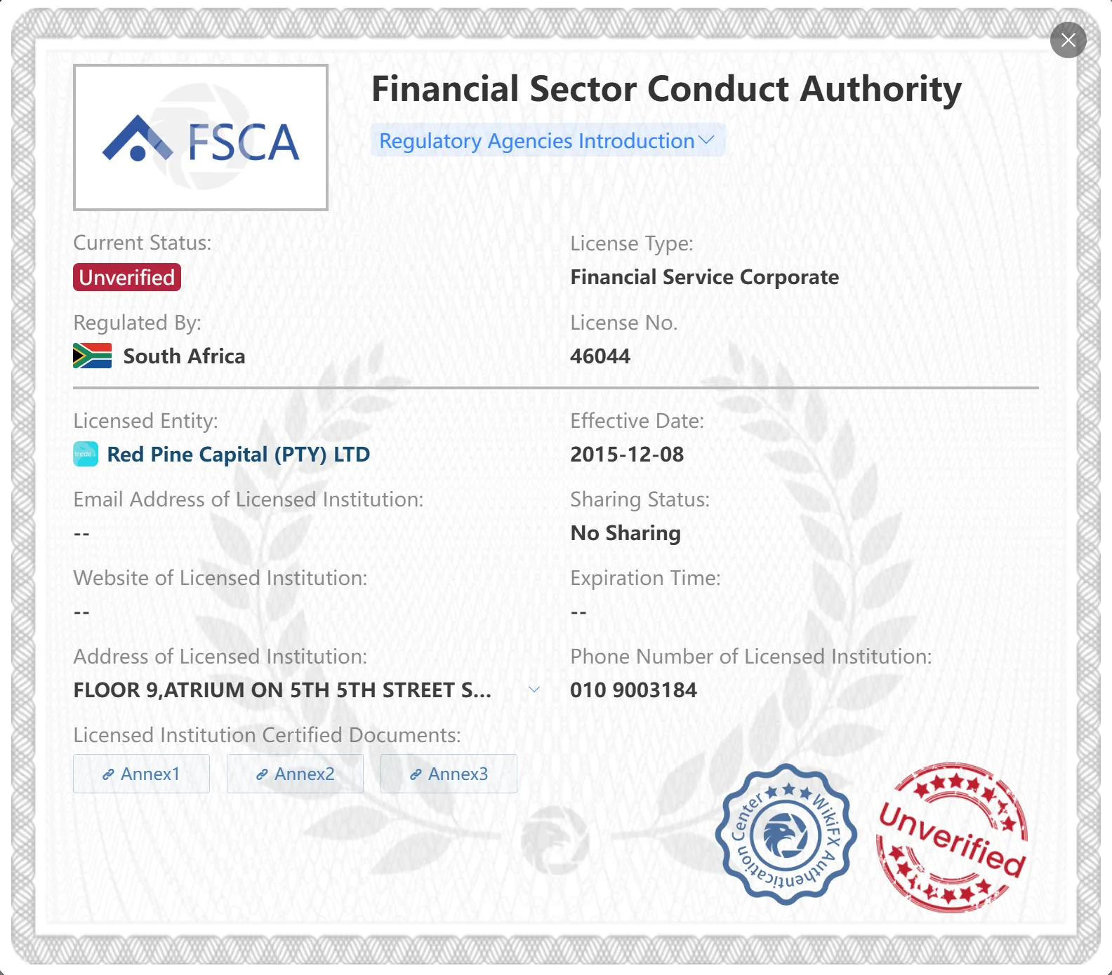 Unverified FSCA license Unverified FSCA license