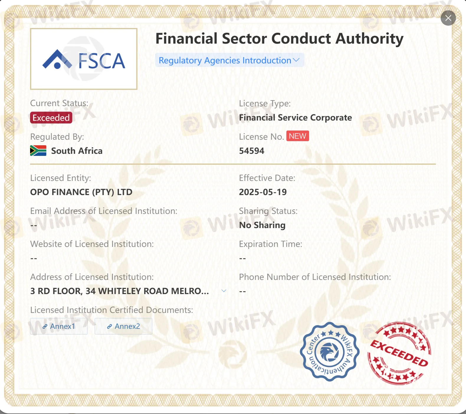 Exceeded FSCA license