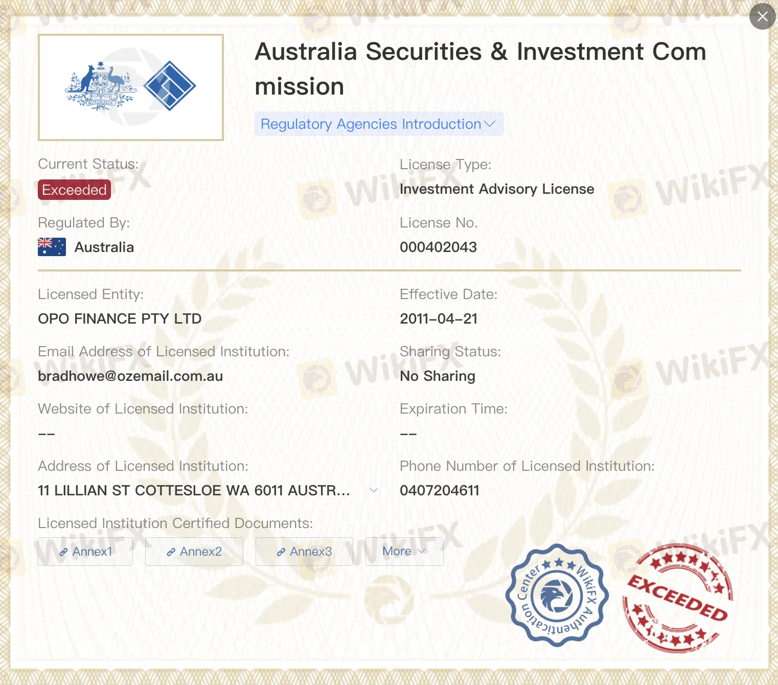 Exceeded ASIC license