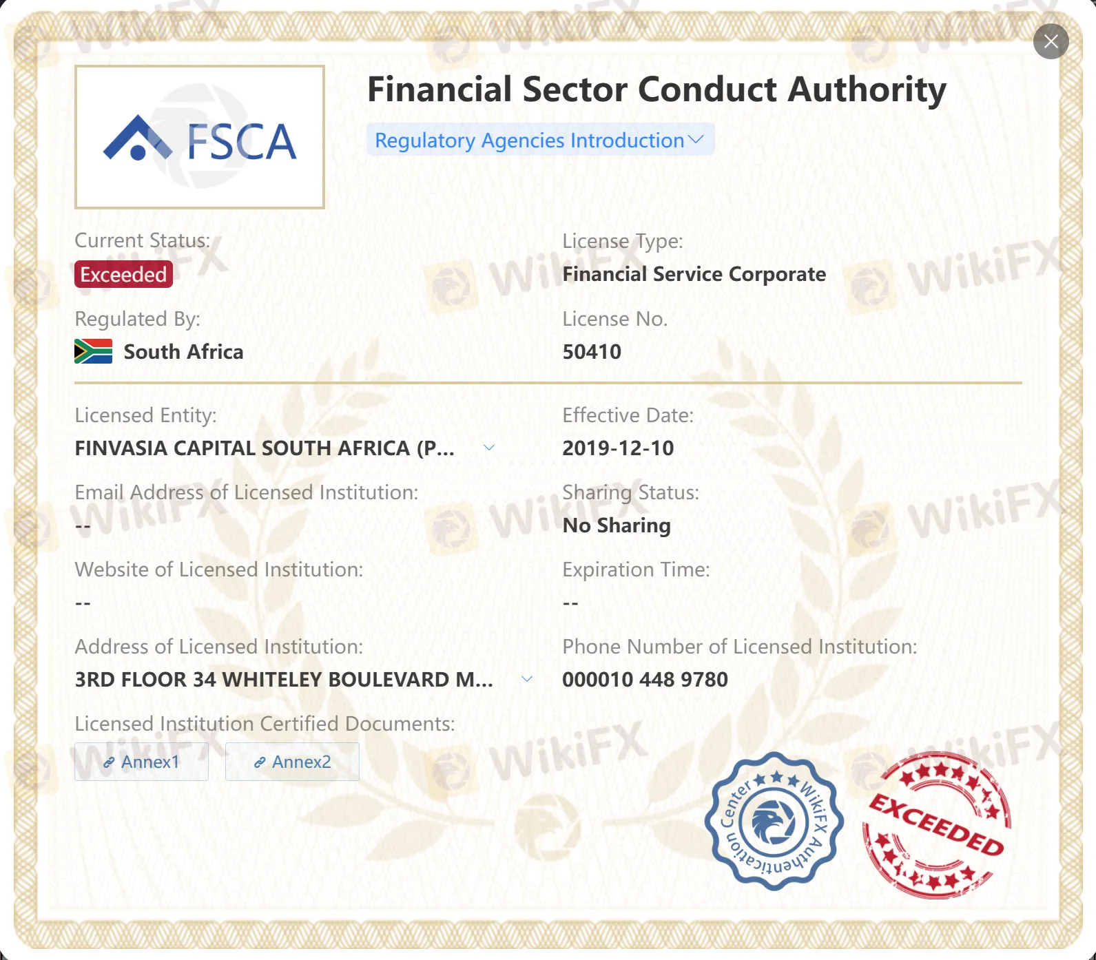 Exceeded FSCA license