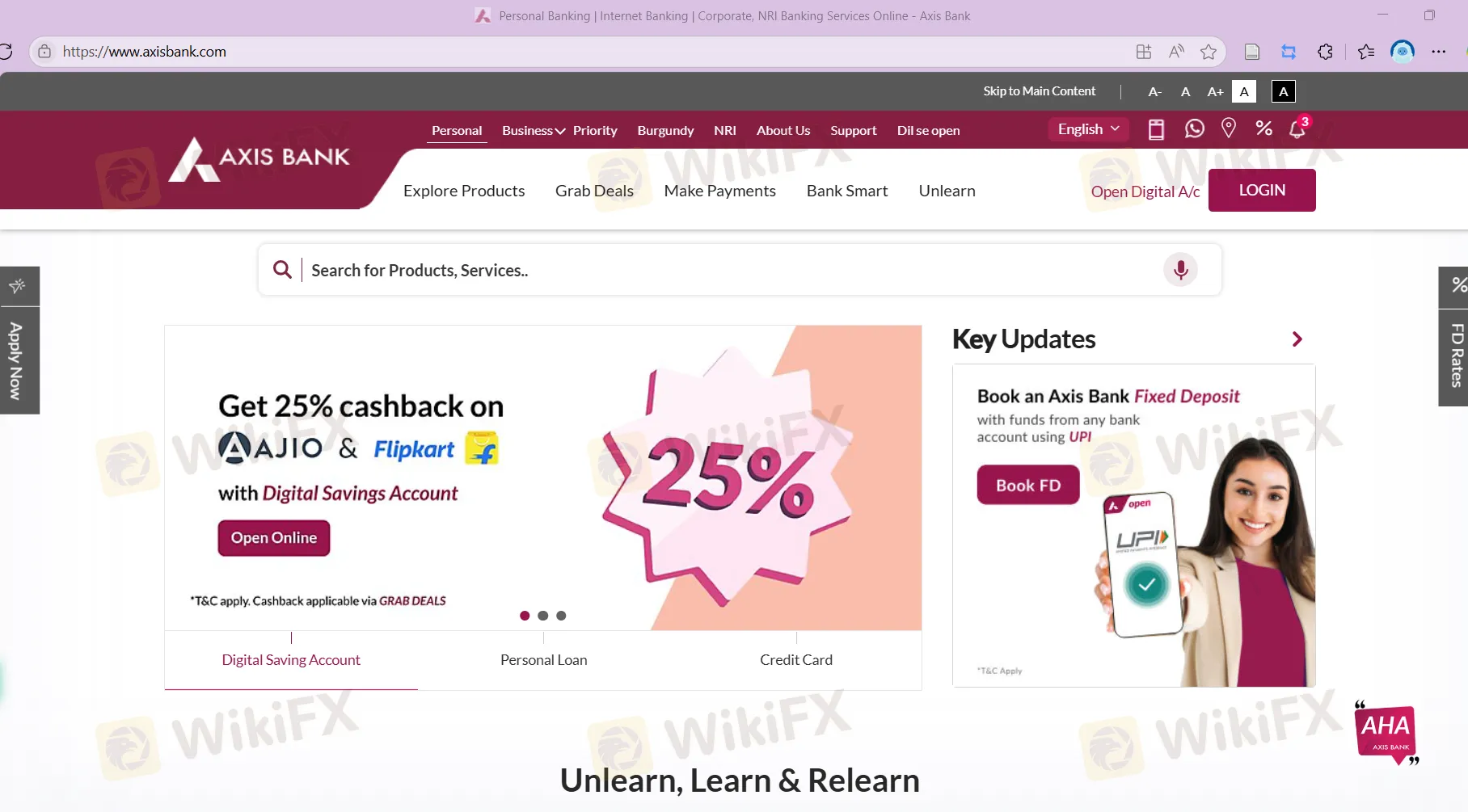 Axis Bank's homepage