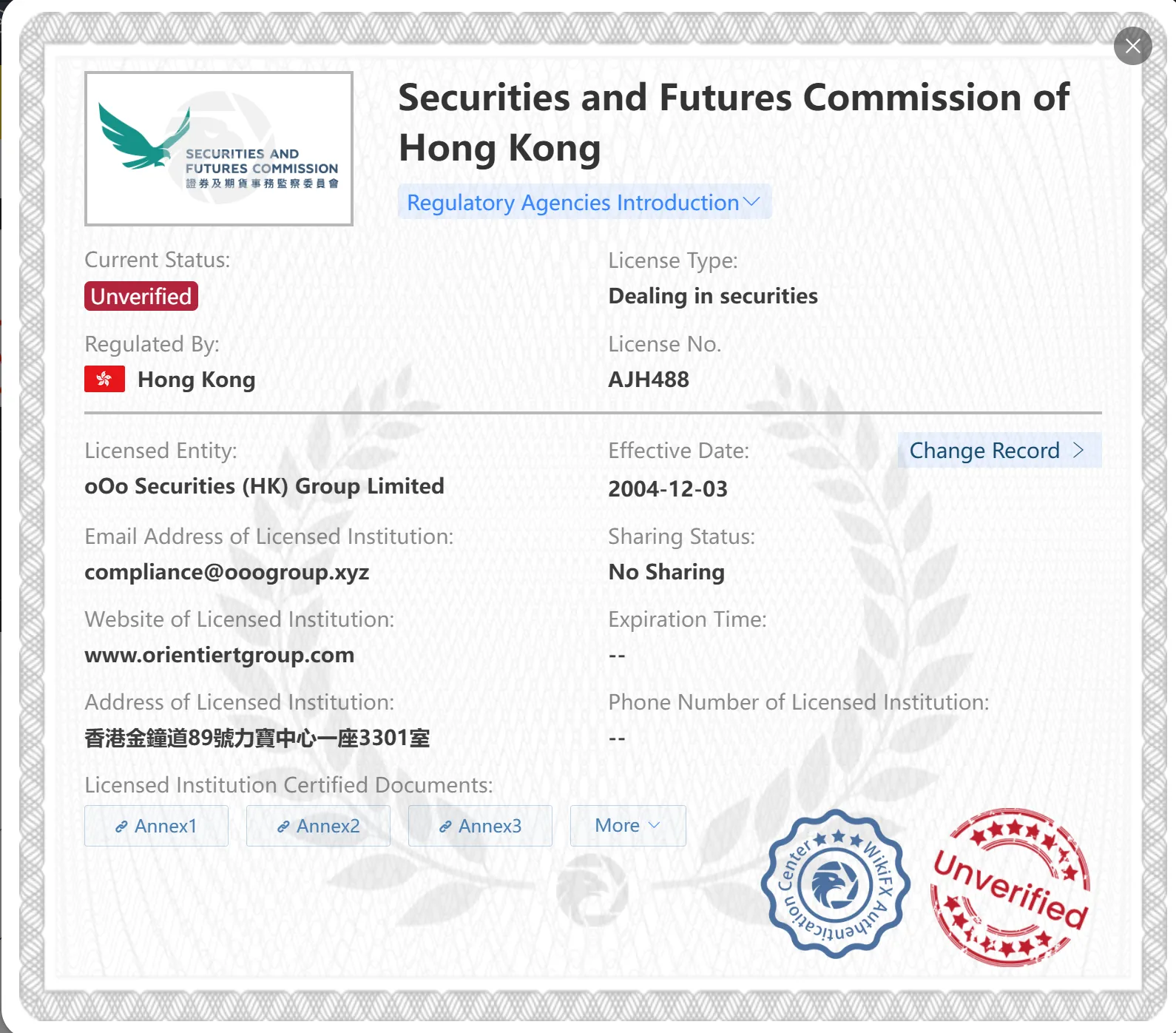 Unverified SFC license