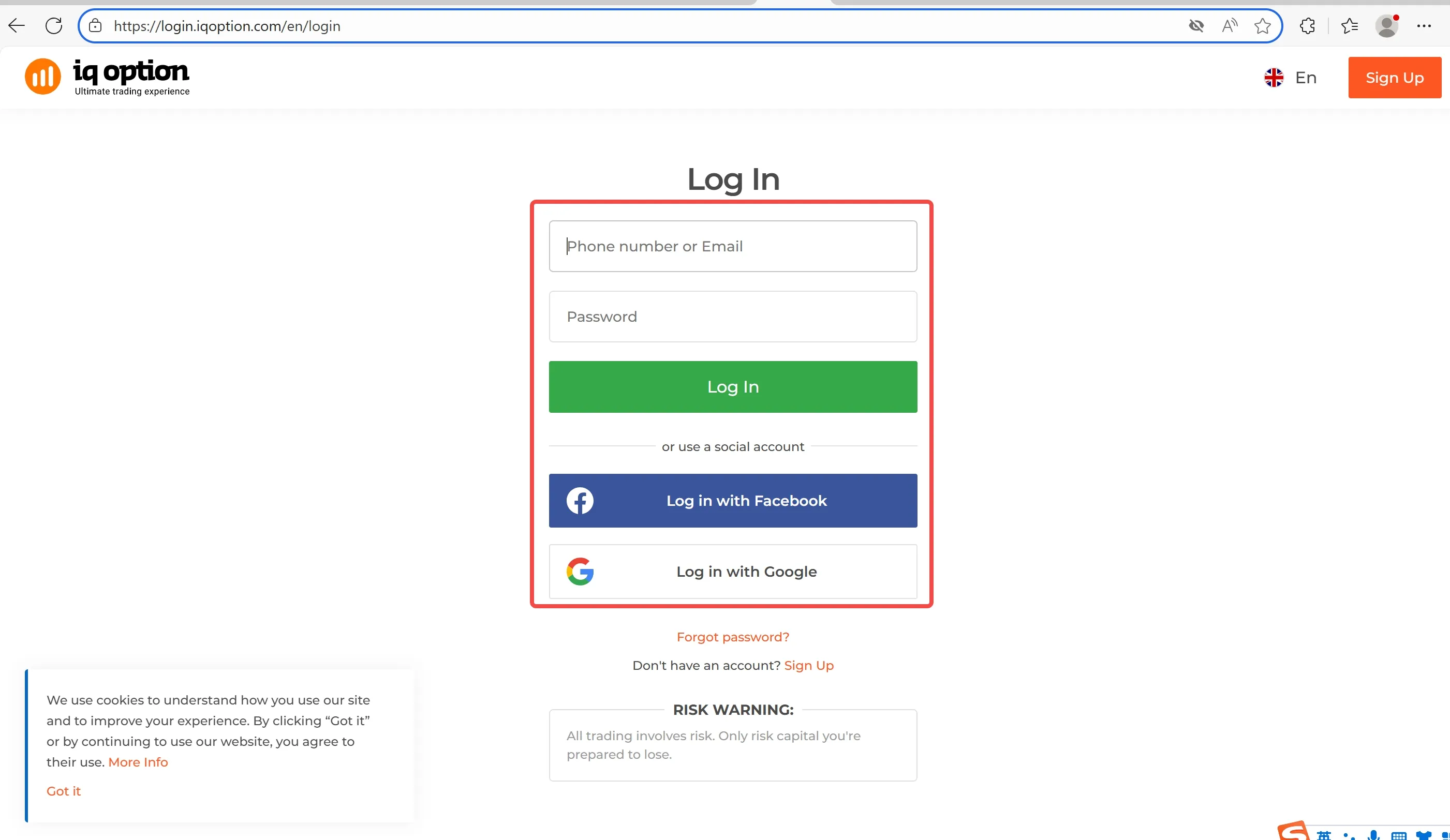 Log in page