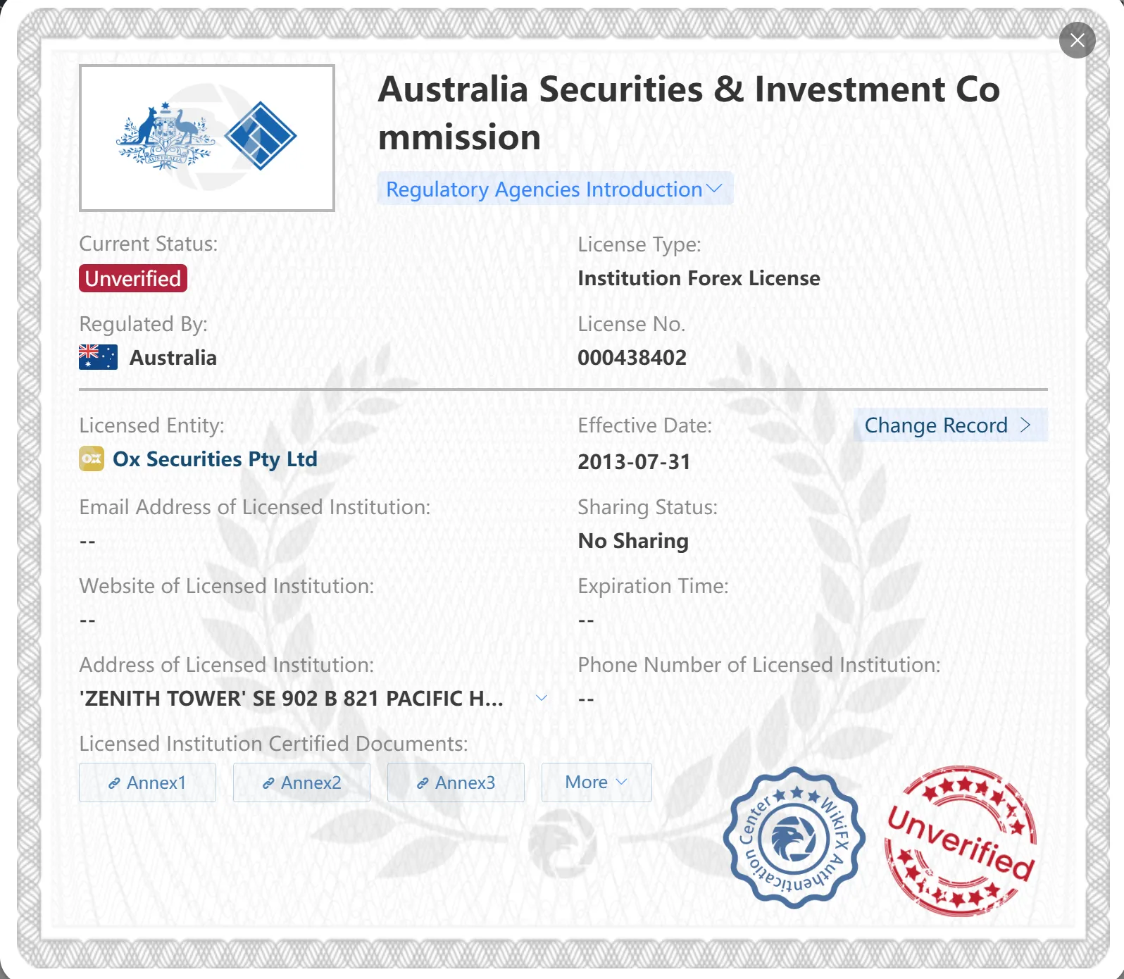 Unverified ASIC license Unverified ASIC license