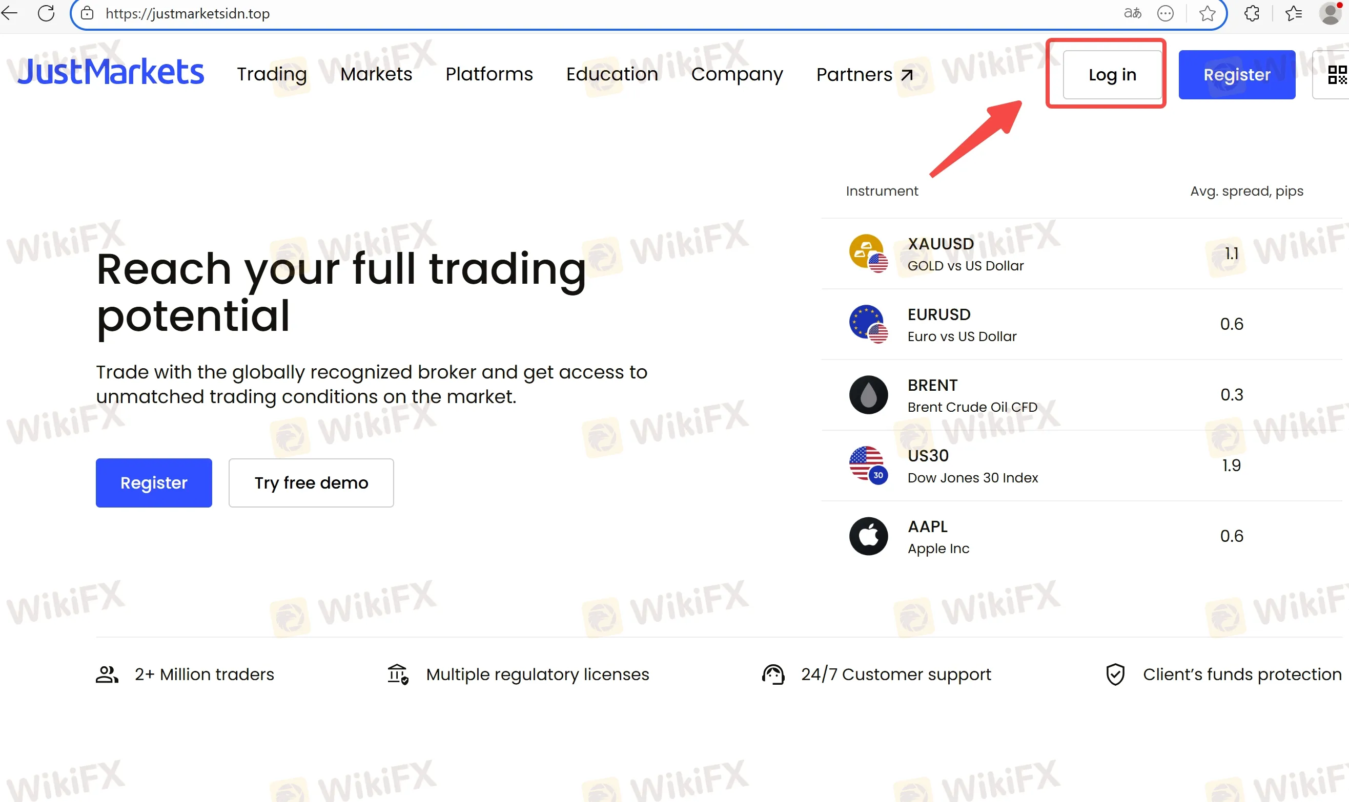Click Log in to Trade Account
