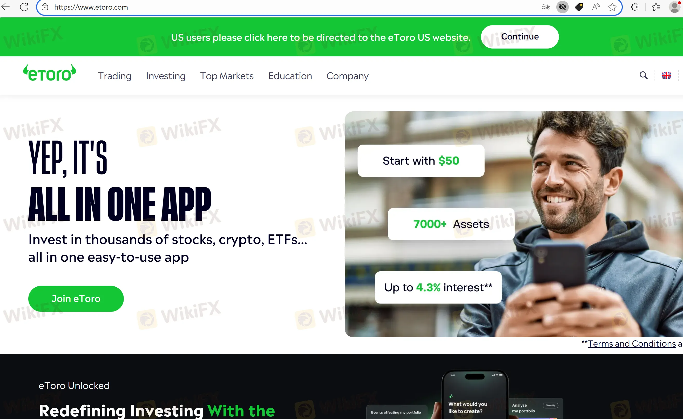 eToro's homepage