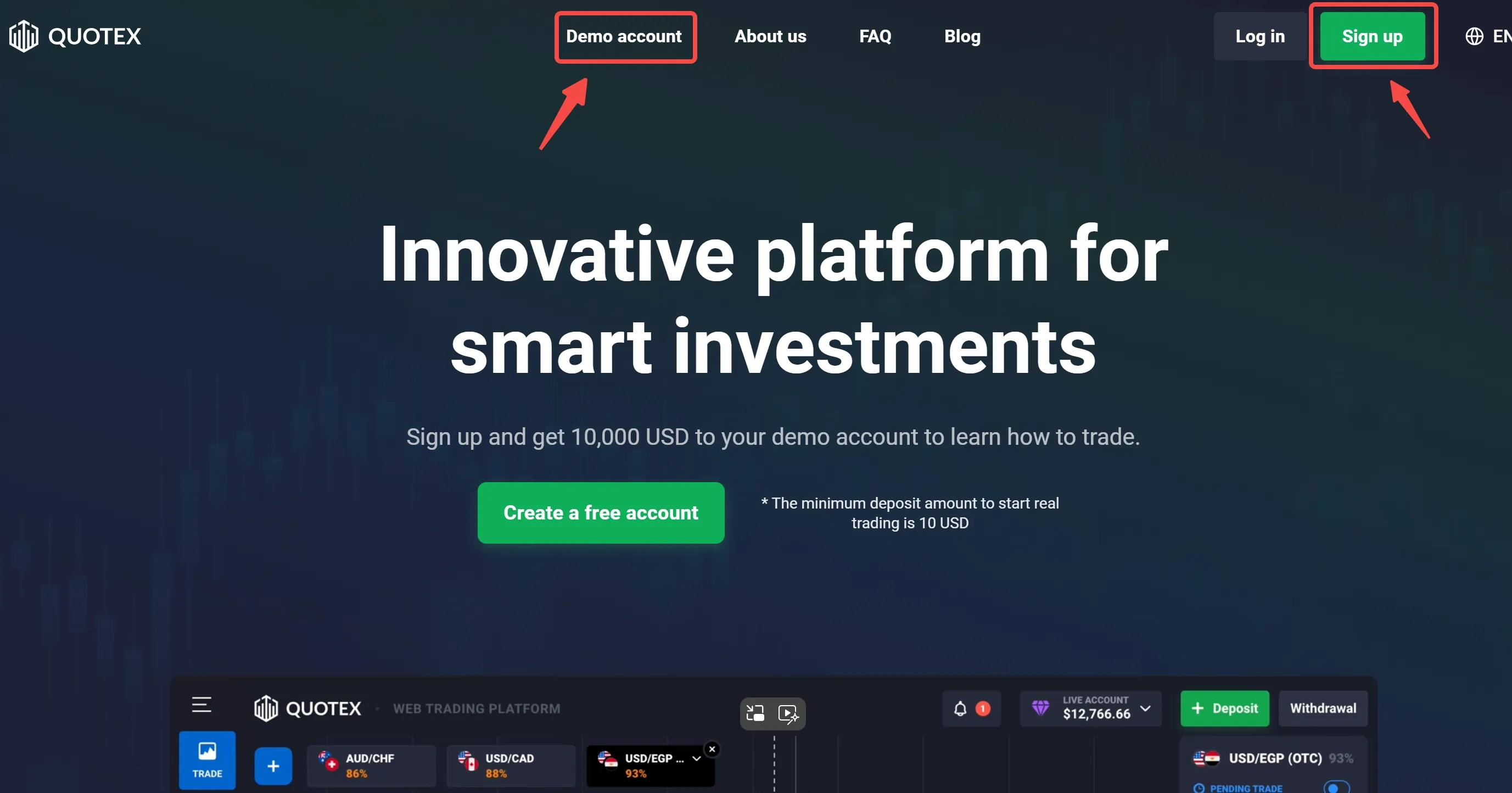 Open the sites Sign up or Demo account” page Open the sites Sign up or Demo account“ page