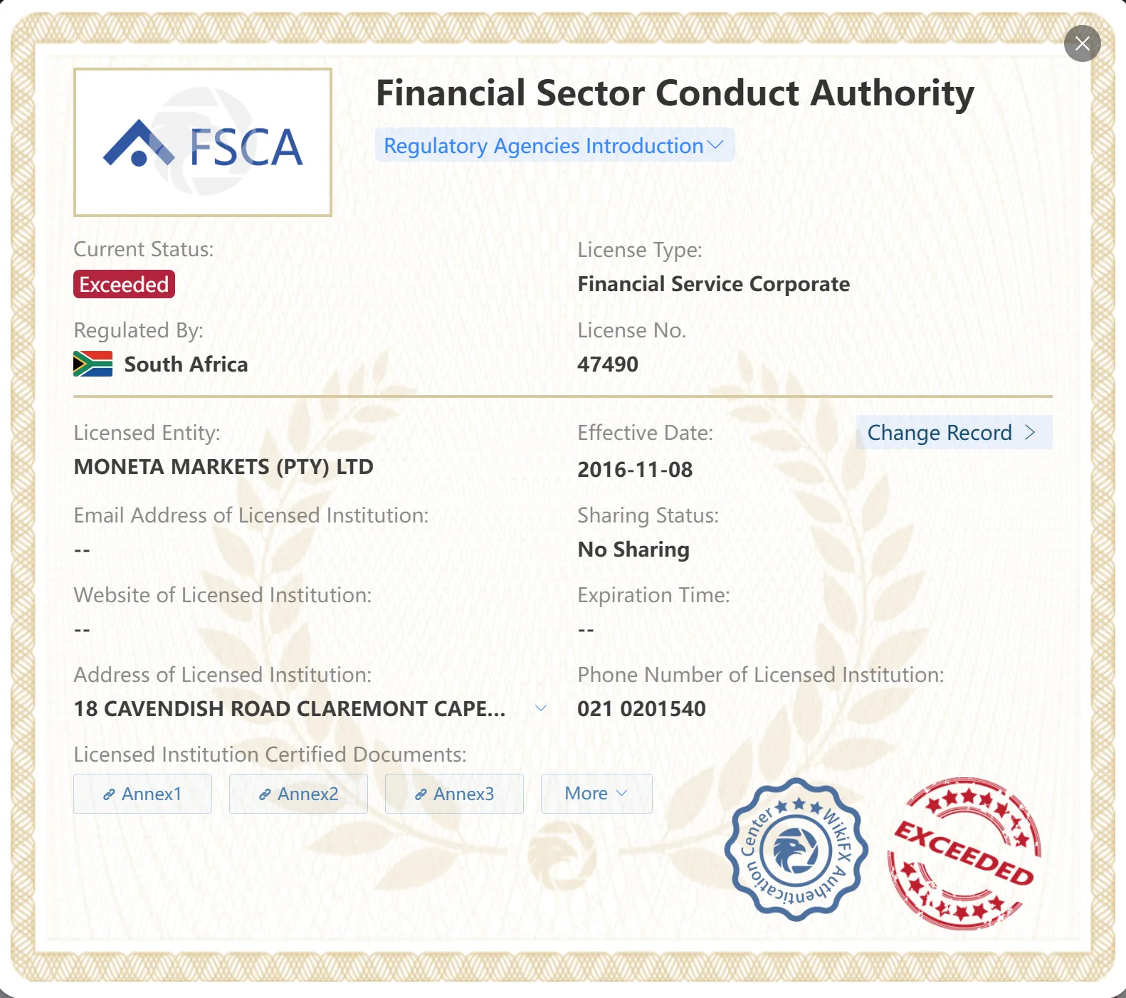 Exceeded FSCA license Exceeded FSCA license