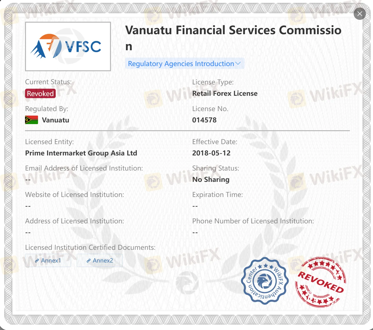 Revoked VFSC license