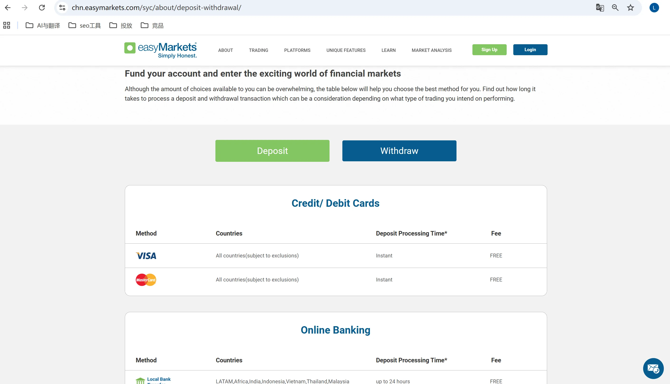 easyMarkets Deposit and Withdrawal details
