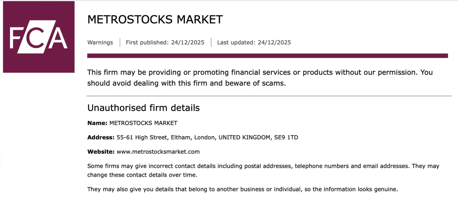 FCA warning page – METROSTOCKS MARKET