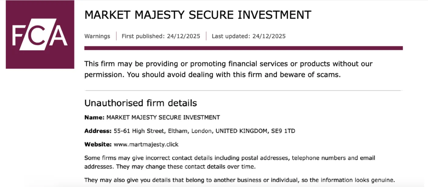 FCA warning page – MARKET MAJESTY SECURE INVESTMENT