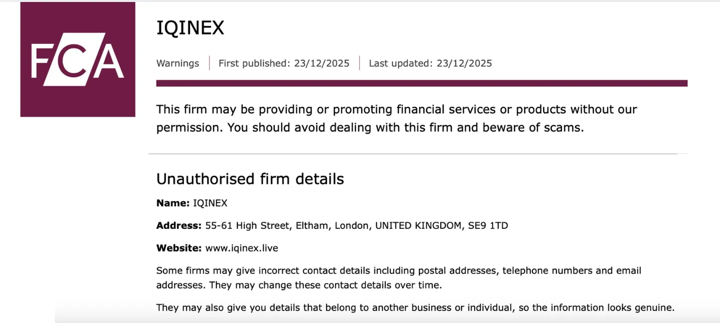 FCA warning page – IQINEX