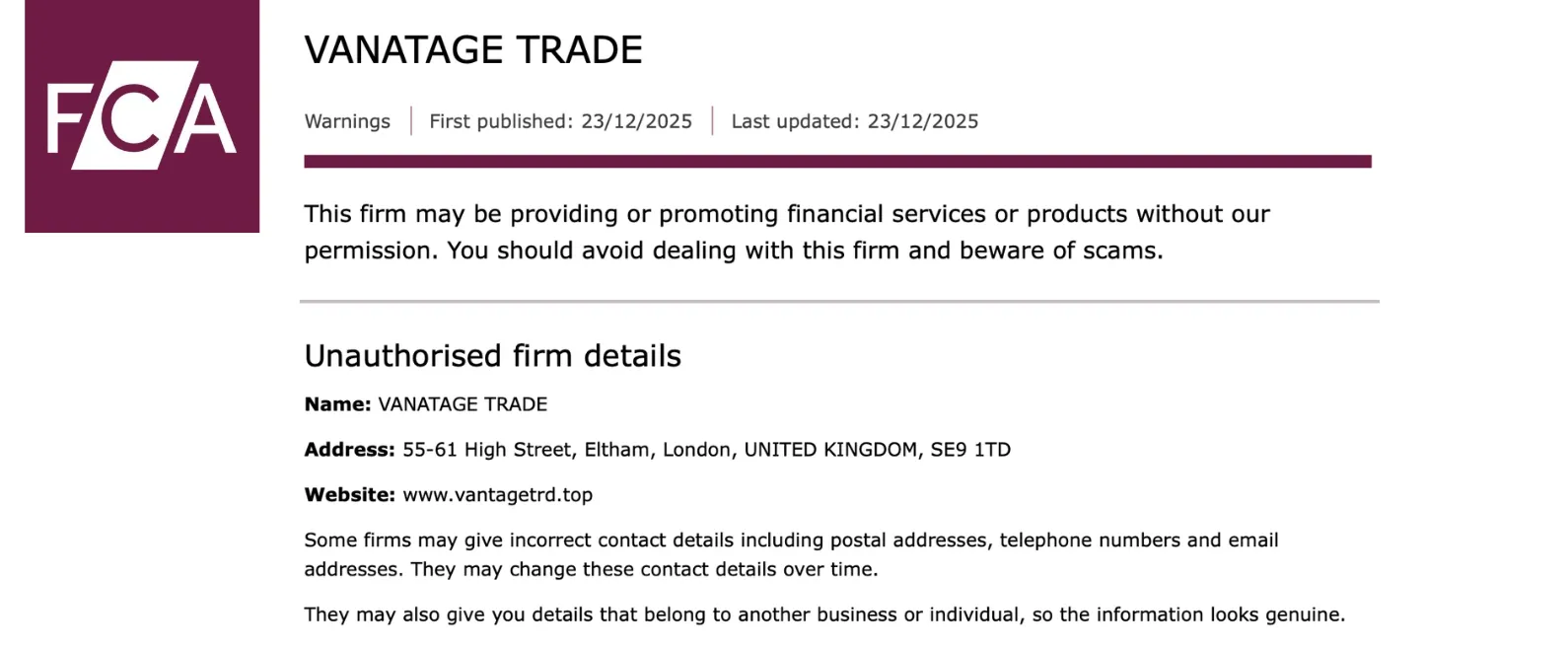 FCA warning page – VANATAGE TRADE