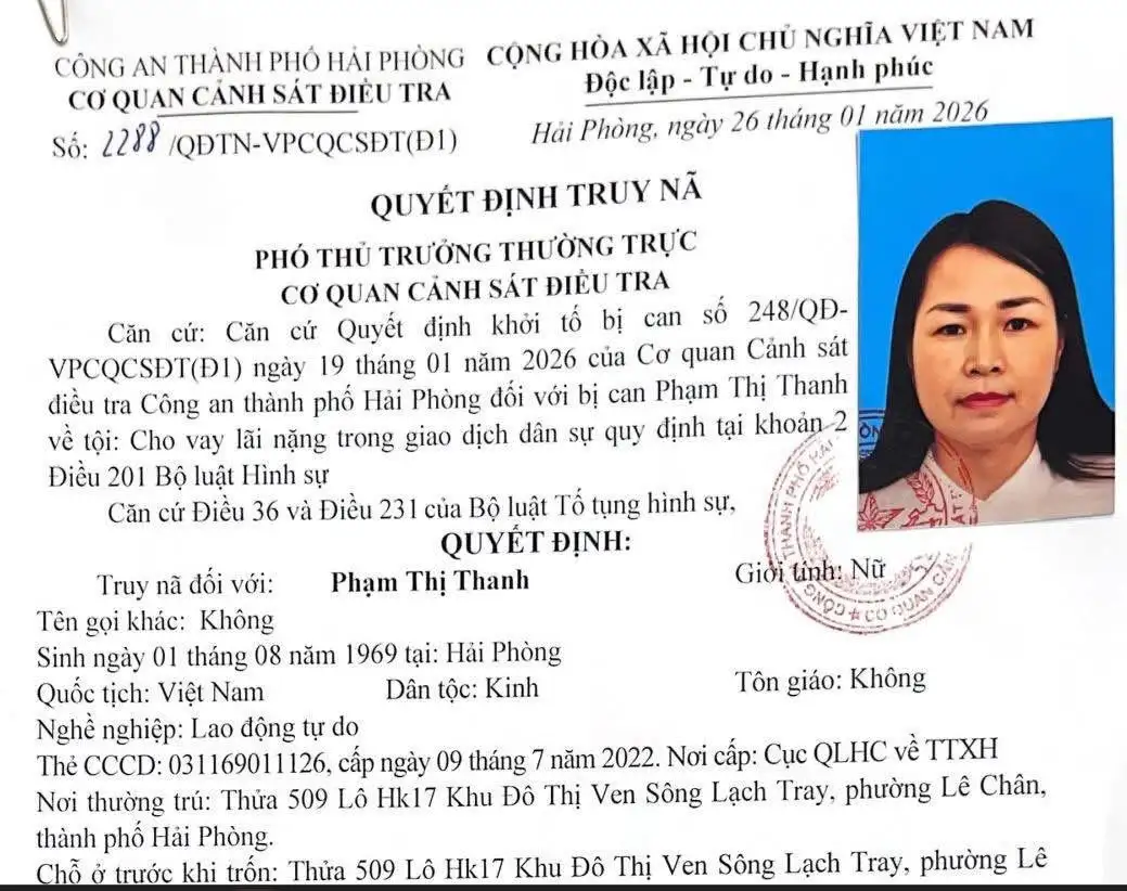 Hải Phòng truy nã người phụ nữ cầm đầu đường dây cho vay lãi nặng 338 tỷ đồng