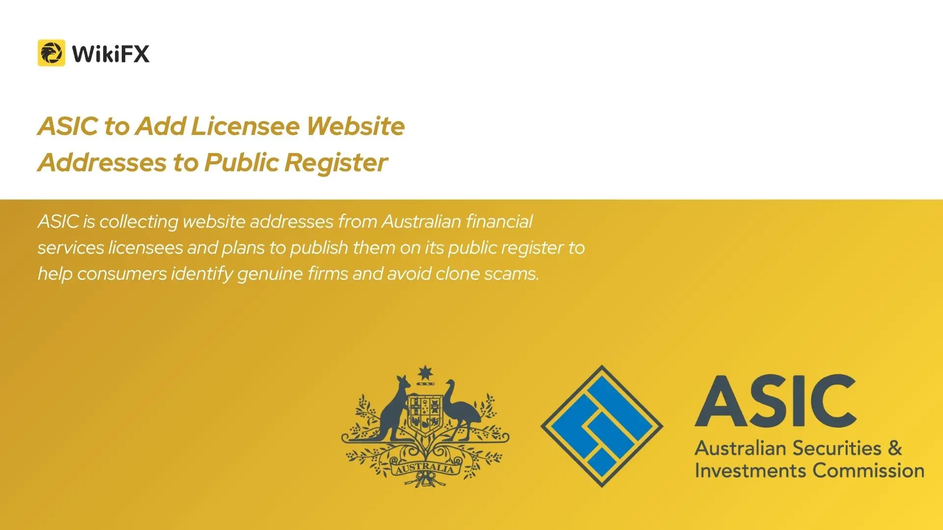 ASIC to Add Licensee Website Addresses to Public Register