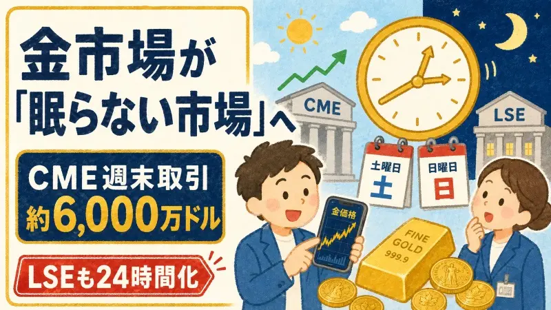 金市場が「眠らない市場」へ　CME週末取引に約6,000万ドル、LSEも24時間化